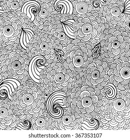 Hand drawn with ink background with doodles. Vector pattern black and white illustration can be used for wallpaper, coloring book pages for kids and adults.