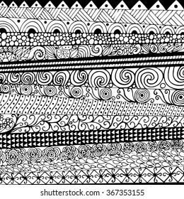 Hand drawn with ink background with doodles, flowers, circles. Vector pattern black and white illustration can be used for wallpaper, coloring book pages for kids and adults. 