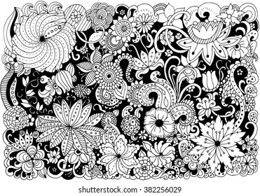 Hand drawn with ink background with doodles, flowers, leaves. Vector pattern black and white illustration can be used for wallpaper, coloring book pages for kids and adults. 