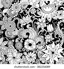 Hand drawn with ink background with doodles, flowers, leaves. Vector pattern black and white illustration can be used for wallpaper, coloring book pages for kids and adults. 