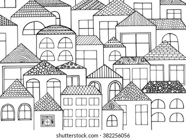 Hand drawn with ink background with a lot of houses, homes with many windows. Vector pattern black and white illustration can be used for wallpaper, coloring book pages for kids and adults. 