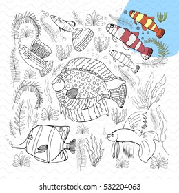 Hand drawn ink background with many fishes in the water. Sea life design for relax and meditation. Vector pattern black and white illustration can be used for coloring book pages for kids and adults.