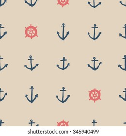 Hand drawn ink background. Sea theme seamless pattern. Steering wheels and anchors. Abstract backdrop
