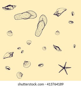 Hand drawn ink background. Sea theme. Seashells and starfish backdrop.