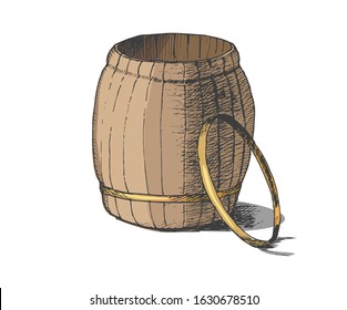 Hand Drawn Ink Barrel Illustration Converted To Vector. Brown Wooden Barrel Without Cover. Metal Ring From The Barrel. Wine And Beer Barrel.