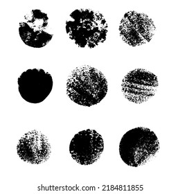 Hand drawn ink black grunge post stamps. Set of texture vector circles. Blank round shapes isolated on white background
