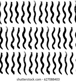 Hand drawn ink black wavy stripes, or brushes on white background. Seamless pattern in scribble naive style. Vector illustration.