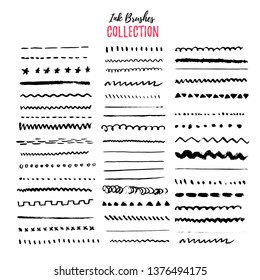 Hand drawn ink borders set, unique swirls, dividers collection. Artistic hand drawn thin brushes. Isolated elements.