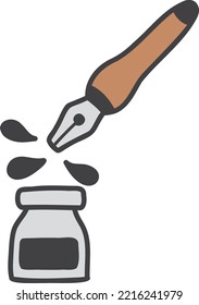 Hand Drawn Ink bottle and nib illustration isolated on background