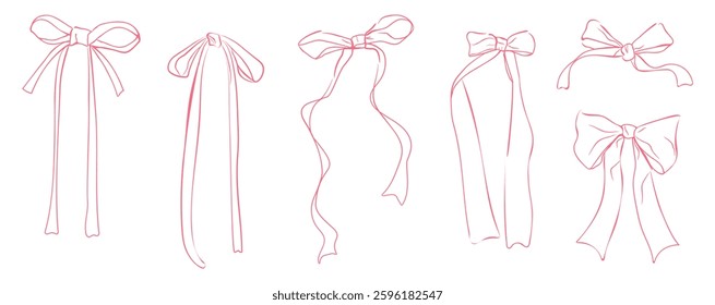 Hand drawn ink bows with ribbons. Girly design elements for weddings, bachelorette parties and birthdays. Vector illustration. Isolated.
