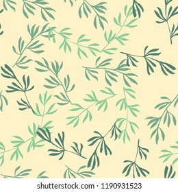 Hand drawn ink branch with leaves pattern. Textile and wallpaper seamless texture.