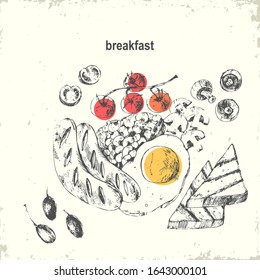 Hand drawn ink breakfast menu illustration. English breakfast with fried egg, sausages, beans, mushrooms, tomatoes, toast.