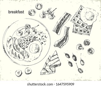 Hand drawn ink breakfast menu illustration. English breakfast with fried egg, sausages, beans, mushrooms, tomatoes, bacon,  toast, wafles.