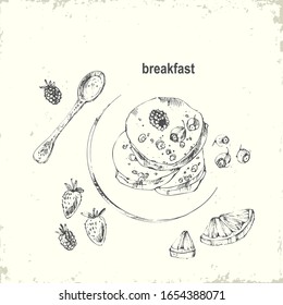 Hand drawn ink breakfast menu illustration. Pancackes with fresh berries on a plate. Tea spoon with jam, strawberry, blueberry, orange slice, raspberry.