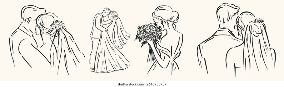 Posições de noiva e noivo de tinta desenhada à mão. Casal de casamento, buquê, beijo, amor por convites, papelaria, marca romântica. Mínima arte romântica em linha de esboço.