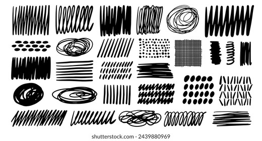 Hand drawn ink brush abstract texture squiggle, hatching set. Scribble doodle black bold lines sketch in childish drawing style. Vector illustration