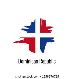 Hand drawn ink brush cross stroke national color Flag of Dominican Republic. Patriotic symbol on white background. Holiday design poster, banner, flyer. Concept vector illustration