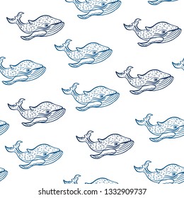 Hand drawn with ink and brush cute whale character sea fish in engraving doodle sketch style. Outdoor activity travel symbol, tourism. For textile, fabric, clothes seamless pattern background design