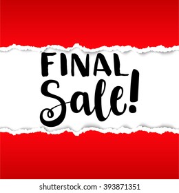 Hand drawn ink brush lettering "final sale" on red torn paper background. Vector, easy to edit 
