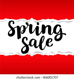 Hand drawn ink brush lettering "spring sale" on red torn paper background. Vector calligraphy for your print or web design: discount cards, banner or tags.