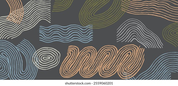 Hand drawn ink brush line, wood block abstract designs and shapes combination pattern, Cute and fun Japanese style crafted simple background for textile and carpet