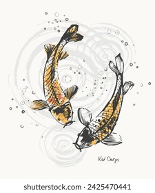 Hand drawn ink brush painting of koi carp fish, water bubbles. Traditional japanese style ink drawing. Vector nature poster, template for packaging and labels, asian food, spa and beauty products.