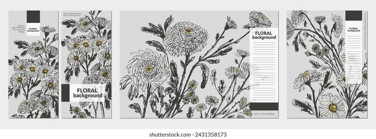 Hand drawn ink brush painting of chrysanthemum flowers, branches with leaves and buds. Traditional japanese style ink drawing on green background. Vector nature set, for packaging and labels.