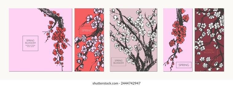 Hand drawn ink brush painting of spring blooming sakura tree branches with flowers. Traditional asian style background. Vector nature poster, template for packaging and labels, spa and beauty product.