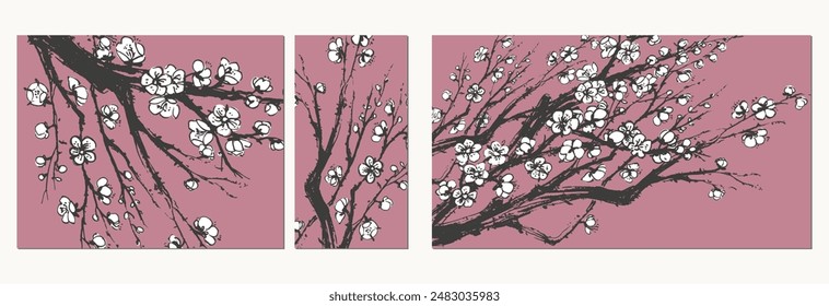 Hand drawn ink brush painting of spring blooming sakura tree branches with white flowers. Traditional asian style background. Vector nature poster, template for packaging and labels, spa and beauty.