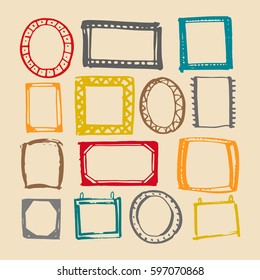 Hand drawn with ink brush pen frameworks. Colorful set.