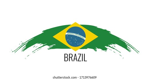 Hand Drawn Ink Brush Stroke Green, Yellow, Blue National Color Flag Of Brazil. Brazilian Patriotic Symbol On White Background. Holiday Design Poster, Banner, Flyer. Concept Vector Illustration