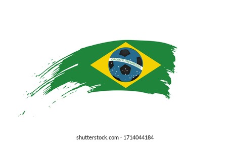 Hand drawn ink brush stroke green, yellow, blue national color Flag of Brazil. Brazilian football symbol on white background. Soccer ball design poster, banner, flyer. Concept vector illustration