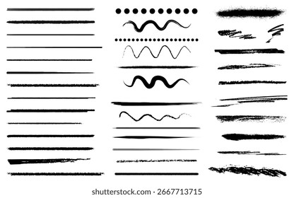 Traços de pincel de tinta desenhado à mão Linhas de grunge Sublinhado artístico Caligráfico Preto Isolado Arte Variação Bordas Vetor Conjunto