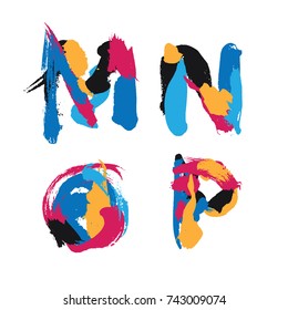 Hand drawn with ink brush strokes alphabet letters M, N, O and P. Bright watercolor blobs and imprints in vivid typography design