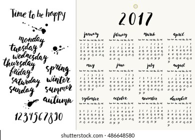 Hand drawn ink calendar set. Year 2017 vector template. Numbers, week days, seasons.