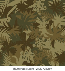 Hand drawn ink camo with tropical leafs, seamless pattern. Grunge branches and herbs khaki green camouflage background. Fabric design print. Vector wallpaper