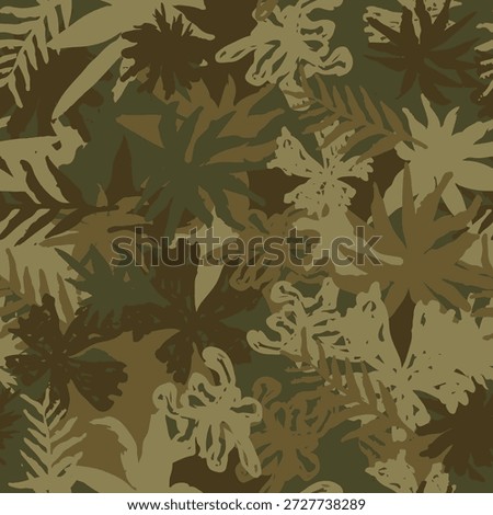 Hand drawn ink camo with tropical leafs, seamless pattern. Grunge branches and herbs khaki green camouflage background. Fabric design print. Vector wallpaper