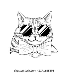 Hand drawn ink cat wearing sunglasses   boe tie  Engraved  vintage print  Modern  cool   confident  Avatar 