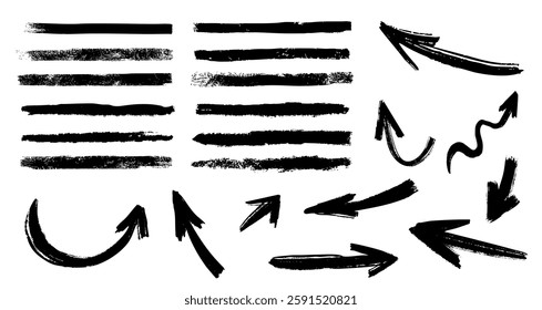 Hand drawn ink chalk marker arrows doodle sketch set collection isolated on white background.