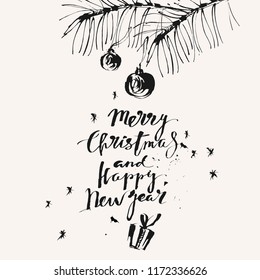 Hand drawn ink Christmas and new year background, minimalism style. Merry Christmas and Happy New Year calligraphy, pine brach, balls, present, snowflakes. For festive design, cards and invitations.
