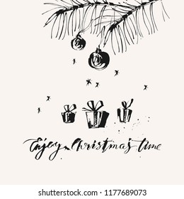 Hand drawn ink Christmas and new year background with christmas tree branches, ornaments, presents, snowflakes and calligraphy. Enjoy Christmas time. For festive design, cards and invitations.