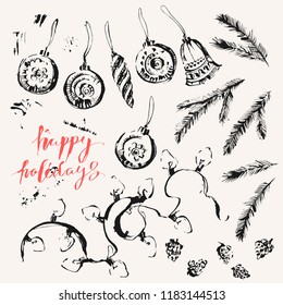 Hand drawn ink Christmas and new year design elements set. Christmas ornaments, garlands, fur branches, cones, snowflakes, textures. For festive design, cards and invitations.