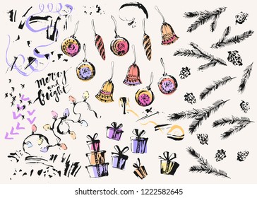 Hand drawn ink Christmas and new year design elements. Colored Christmas ornaments, garlands, branches, presents, snowflakes, textures, cones, serpentine. For festive design, cards and invitations.