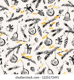 Hand drawn ink Christmas and new year seamless pattern with Christmas ornaments, fir tree branches, gift boxes, cones and gold brush strokes vintage style. For festive background design and packaging