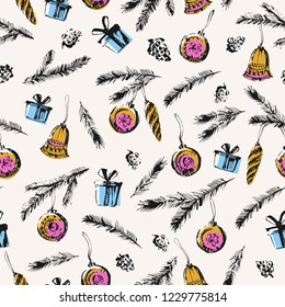 Hand drawn ink Christmas and new year seamless pattern with colorful Christmas ornaments, fir tree branches, gift boxes, cones vintage style. For festive background design, cards and packaging.