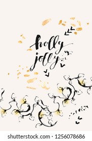 Hand drawn ink Christmas and new year background with holly jolly calligraphy, christmas lights, gold and ink textures. For festive design, cards and invitations.