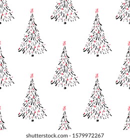Hand drawn ink Christmas tree isolated on white background, seamless vector illustration, For holiday decor, gift wrapping paper, backdrop.