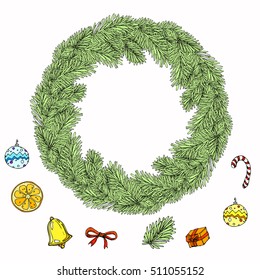 hand drawn ink Christmas wreath with bow, tangerine, fir branches, Christmas decorations, balls. design for adults, poster, print. sketch. vector eps 8