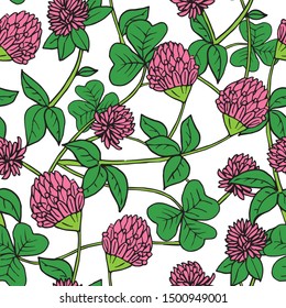 Hand drawn ink and color seamless vector floral pattern. Bright pink clover flowers with green leaves on white background