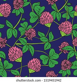 Hand drawn ink and color seamless vector floral pattern. Bright pink clover flowers with green leaves on navy dark blue background